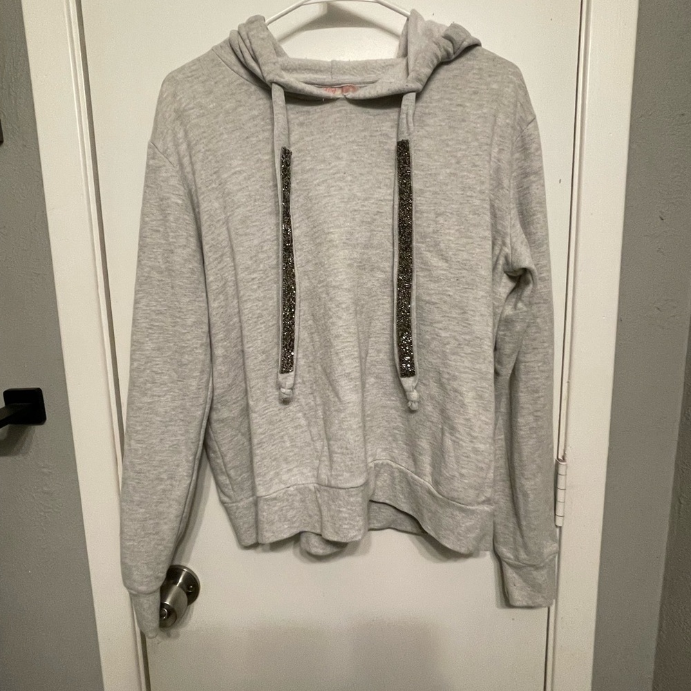 Betsey Johnson Gray Performance Hoodie With Glitter Drawstrings heather gray  L